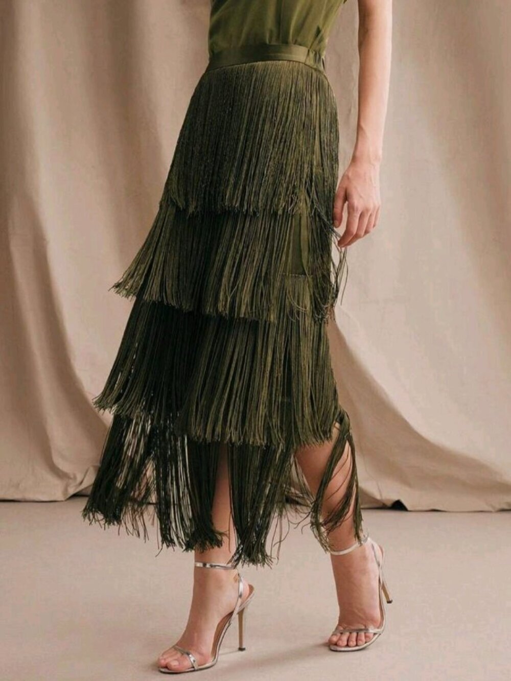 Women's New Elegant Olive Green Layered Tassel Midi Skirt, Flattering, Suitable